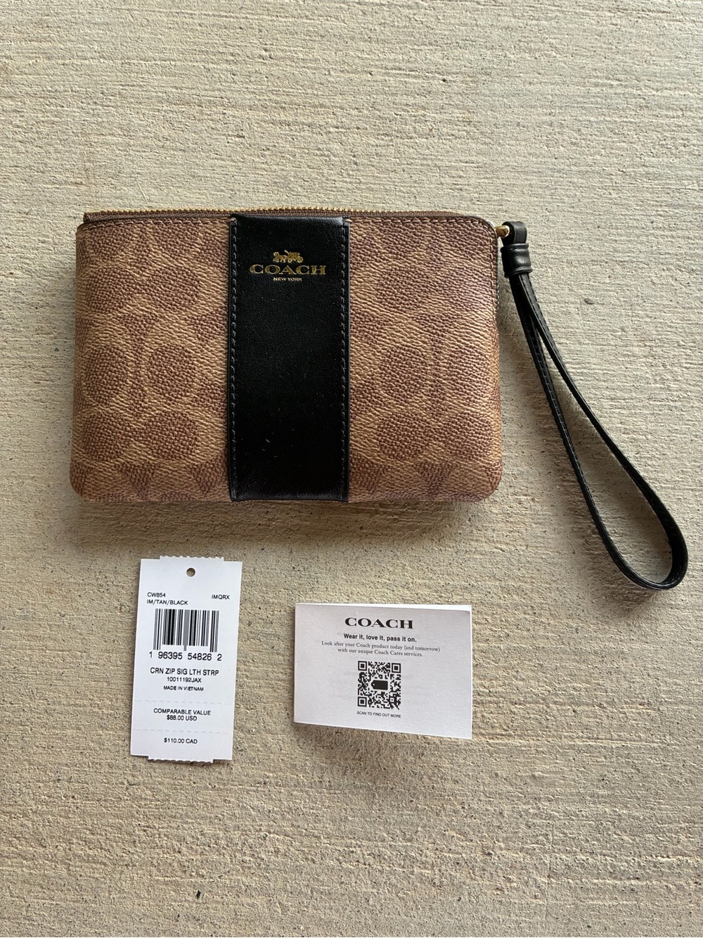 Brand NEW Coach Brown Signature Canvas Wristlet with Black Center Stripe